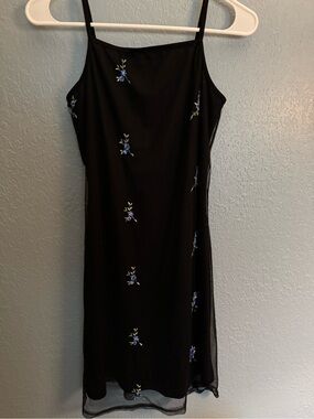 Vintage Rocket Candy Black Midi Slip Dress with Blue Floral Embroidery